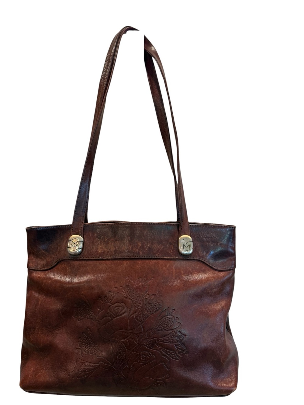 Marino Orlandi Brown Leather Tote Bag W Embossed Floral Design Made In Italy